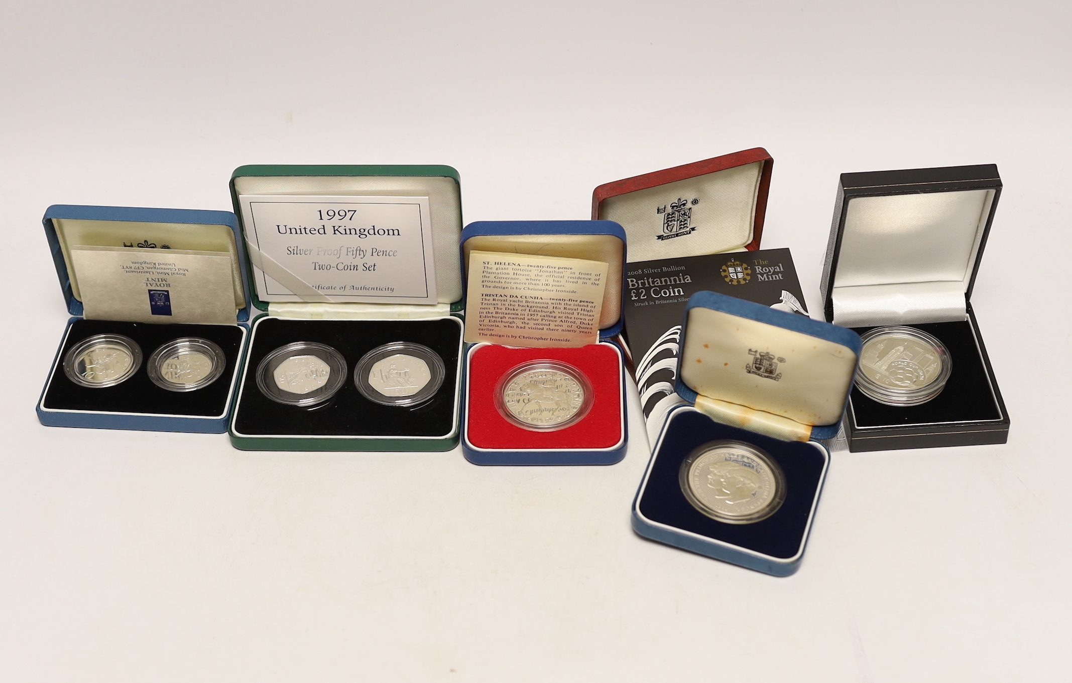 Royal Mint UK QEII proof coins - 1981 Marriage of HRH Prince of Wales and Lady Diana Spencer crown, 1977 Queen‘s silver jubilee crown, 1997 fifty pence two-coin set, 1992 ten pence two-coin set and 1990 five pence two-co